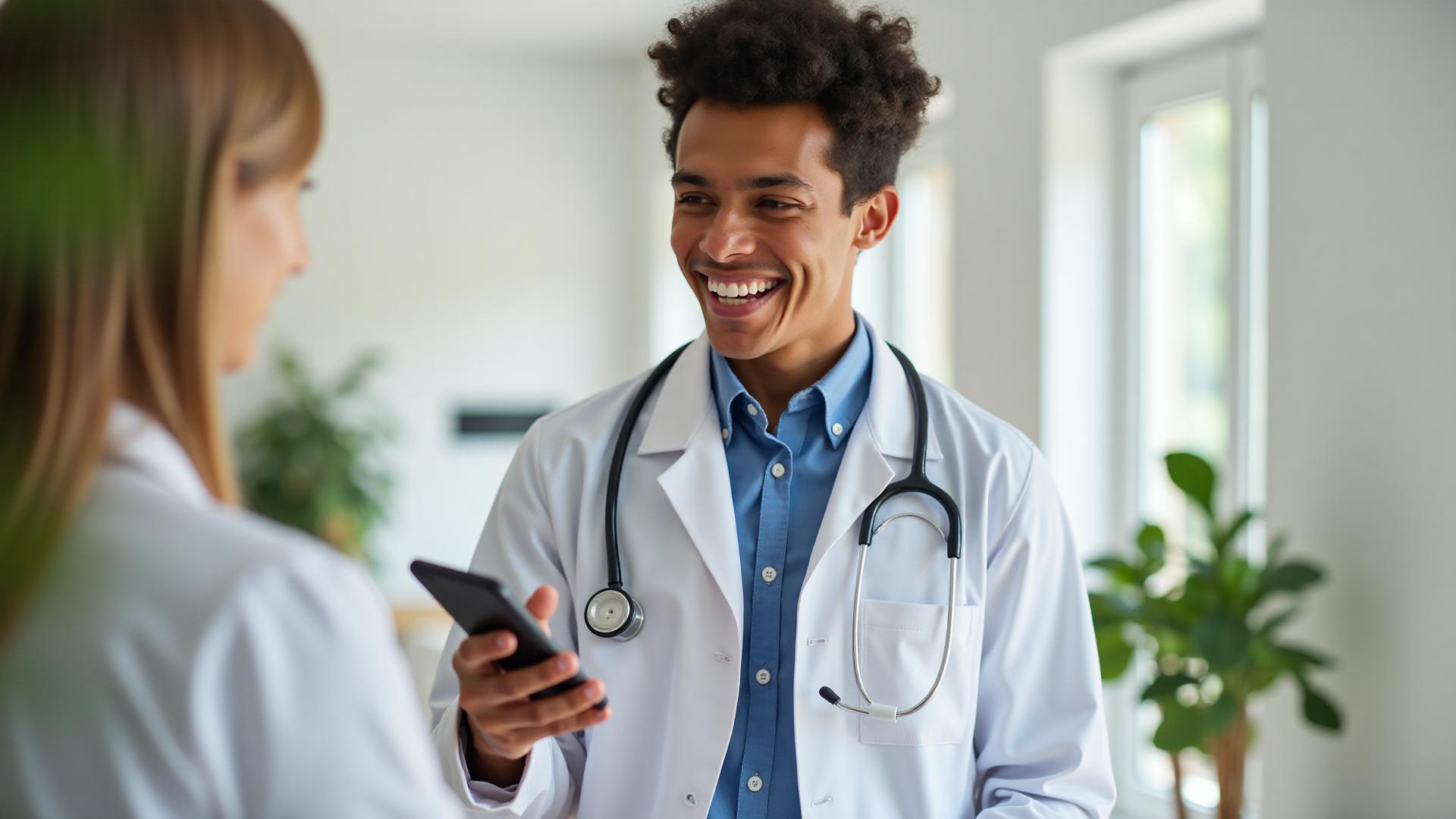 Médico sorrindo, segurando um celular em teleconsulta